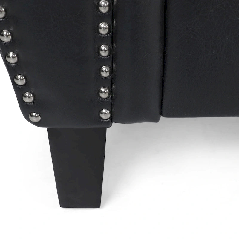 Black Modern 80   Faux Leather 3-seater Sofa with Birch Wood Legs and Nailheads for Living Room