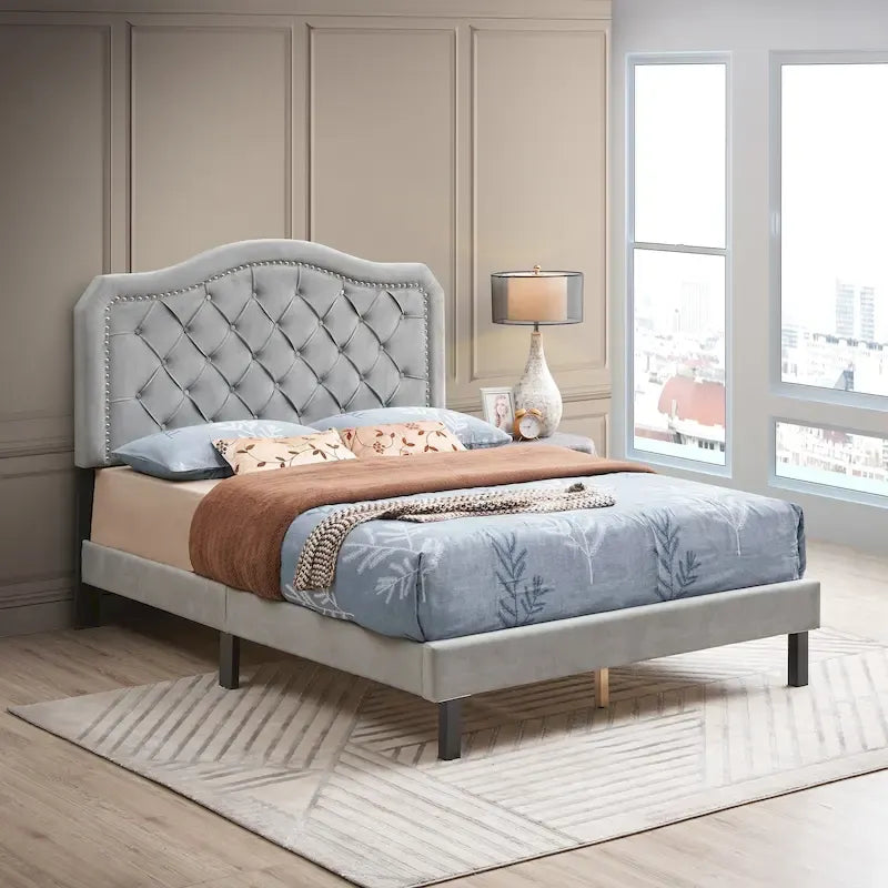 Queen Size Button Tufted Bed with Strong Wood Slat Support