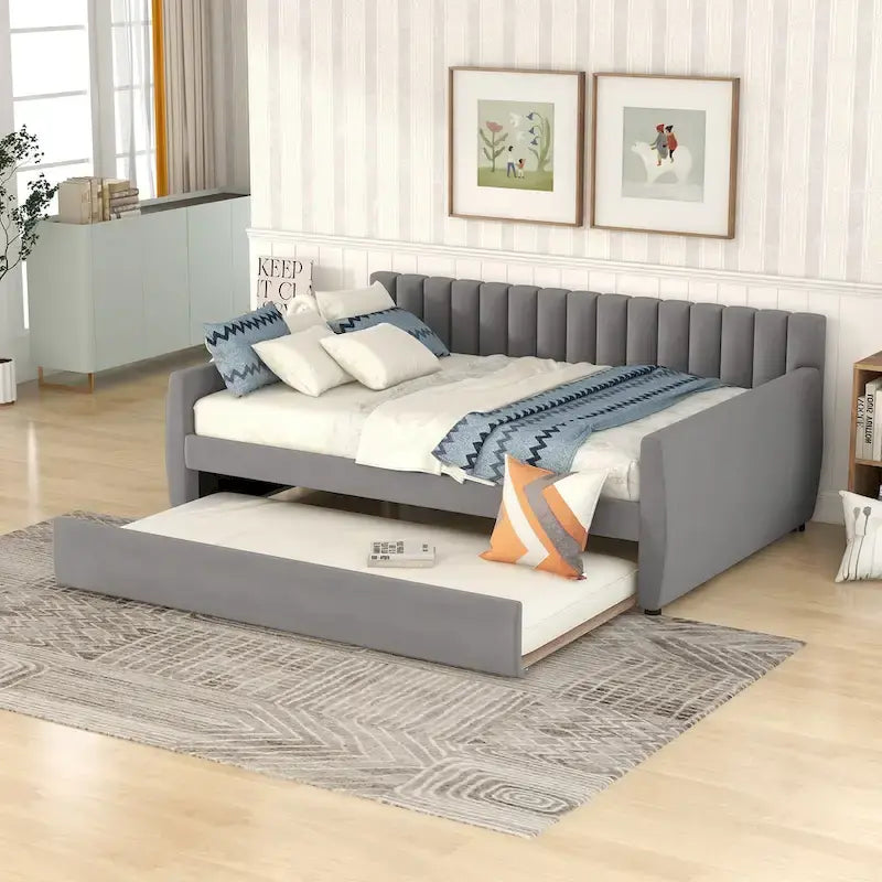 Velvet Daybed with Trundle & Wood Slats