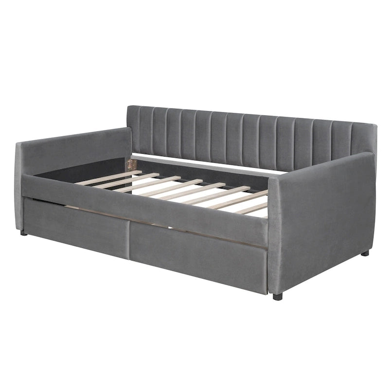 Velvet Daybed with Trundle & Wood Slats
