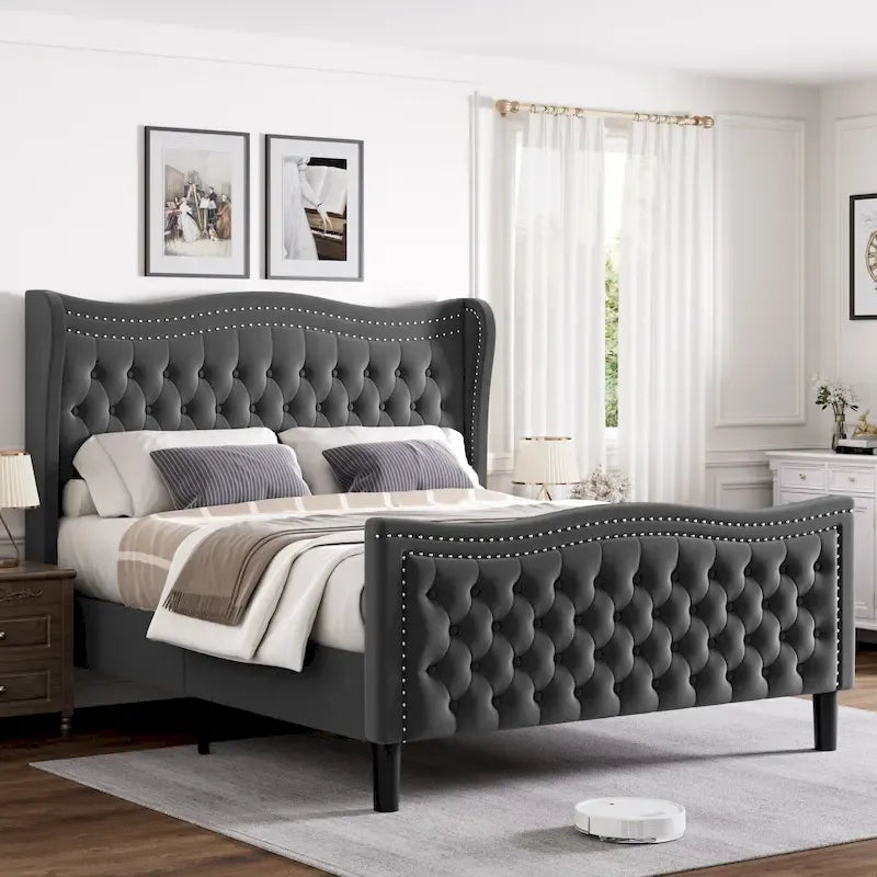 King Size Modern Velvet Platform Bed with Upholstered Headboard