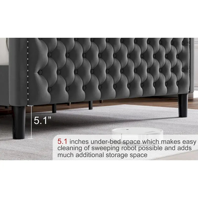 King Size Modern Velvet Platform Bed with Upholstered Headboard