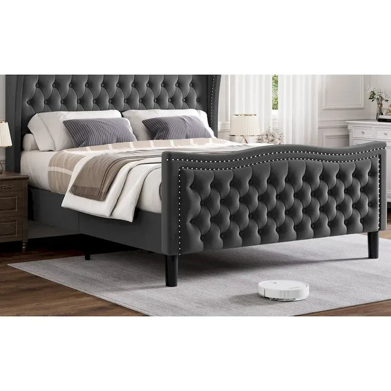 King Size Modern Velvet Platform Bed with Upholstered Headboard