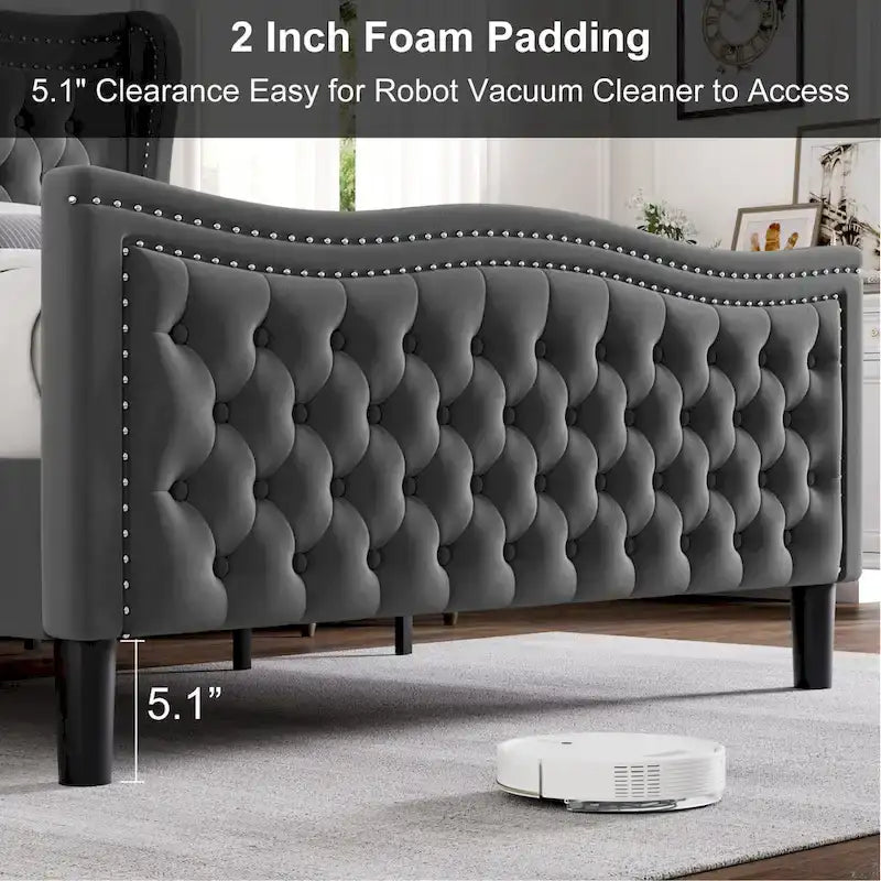 King Size Modern Velvet Platform Bed with Upholstered Headboard