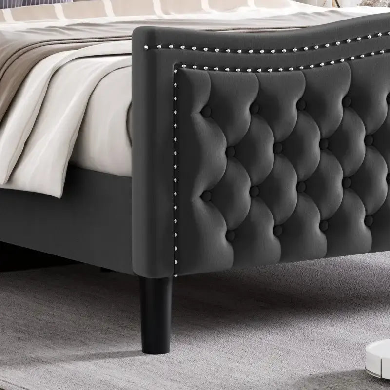 King Size Modern Velvet Platform Bed with Upholstered Headboard