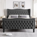 King Size Modern Velvet Platform Bed with Upholstered Headboard