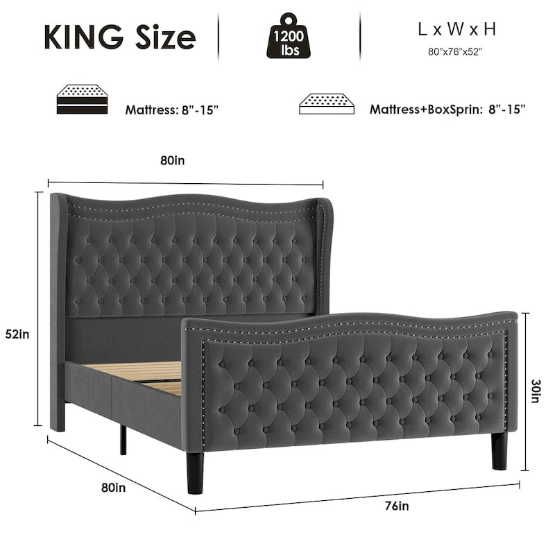 King Size Modern Velvet Platform Bed with Upholstered Headboard