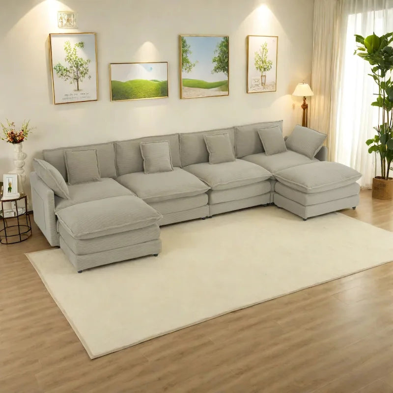 6-Piece 149.6   Corduroy Upholstered U-Shaped Modular Sectional Sofa with Side Storage Pockets