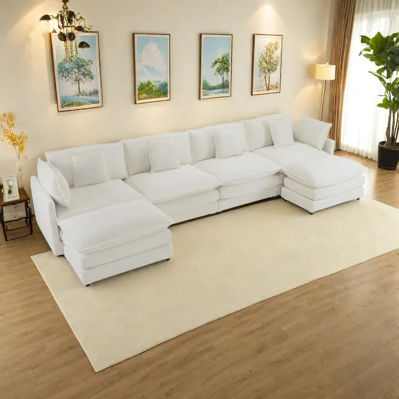 6-Piece 149.6   Corduroy Upholstered U-Shaped Modular Sectional Sofa with Side Storage Pockets
