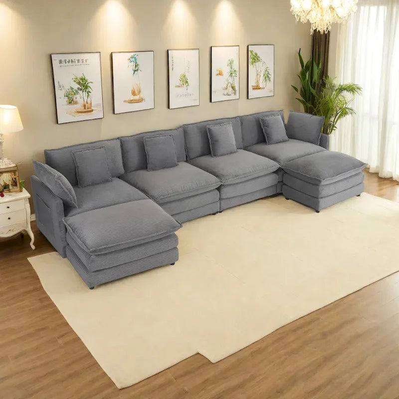 6-Piece 149.6   Corduroy Upholstered U-Shaped Modular Sectional Sofa with Side Storage Pockets