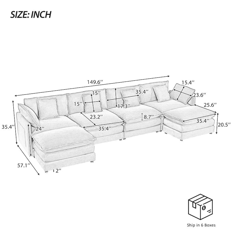 6-Piece 149.6   Corduroy Upholstered U-Shaped Modular Sectional Sofa with Side Storage Pockets