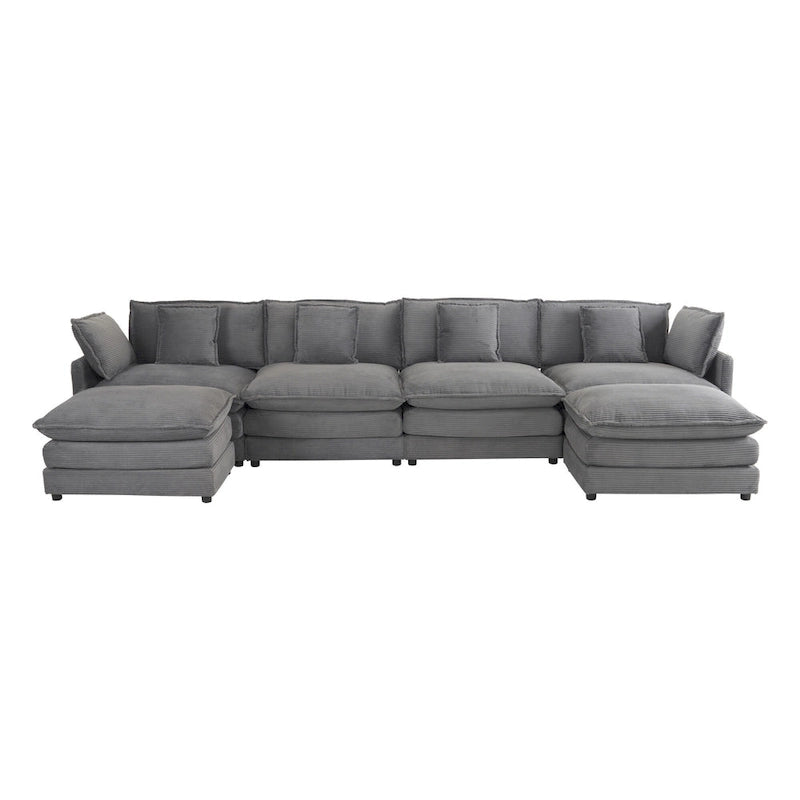 6-Piece 149.6   Corduroy Upholstered U-Shaped Modular Sectional Sofa with Side Storage Pockets