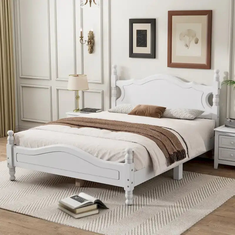 Retro Style Pine Wood Platform Bed Frame with Headboard and Footboard, Wooden Slat Support