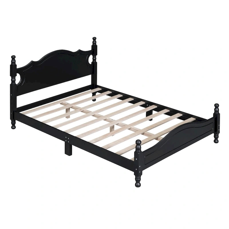 Retro Style Pine Wood Platform Bed Frame with Headboard and Footboard, Wooden Slat Support
