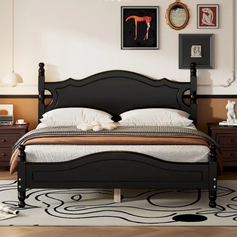 Retro Style Pine Wood Platform Bed Frame with Headboard and Footboard, Wooden Slat Support