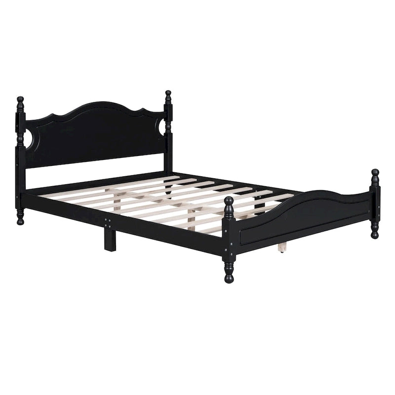Retro Style Pine Wood Platform Bed Frame with Headboard and Footboard, Wooden Slat Support