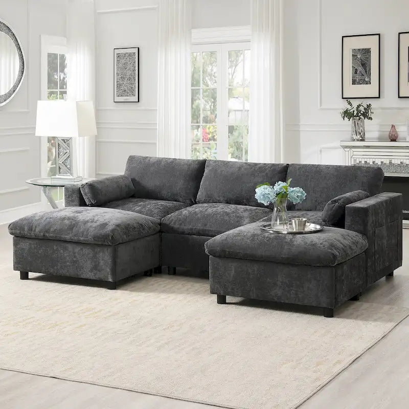 86.5   Chenille Modular Sofa with Storage Pockets, Movable Ottomans