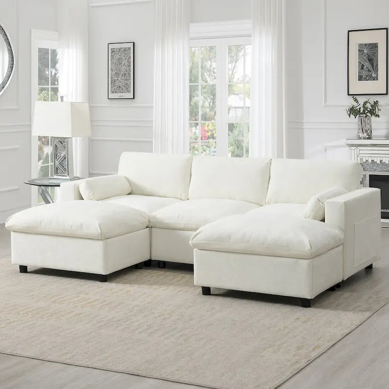 86.5   Chenille Modular Sofa with Storage Pockets, Movable Ottomans