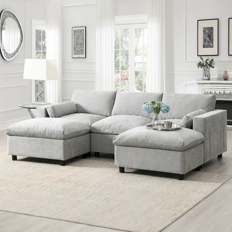 86.5   Chenille Modular Sofa with Storage Pockets, Movable Ottomans
