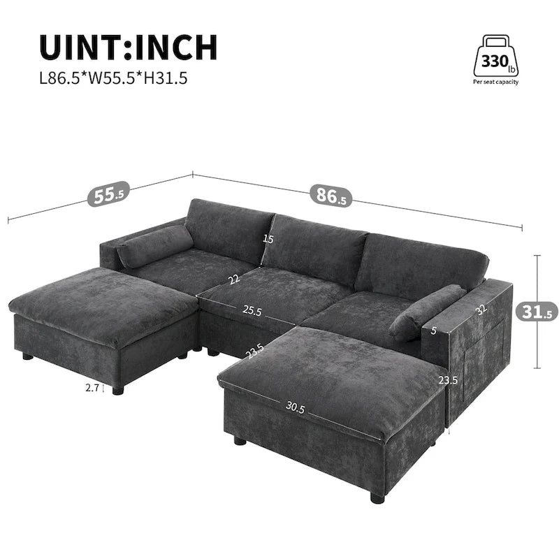 86.5   Chenille Modular Sofa with Storage Pockets, Movable Ottomans