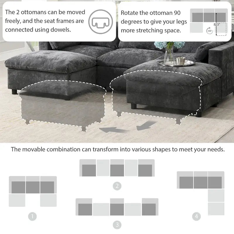 86.5   Chenille Modular Sofa with Storage Pockets, Movable Ottomans
