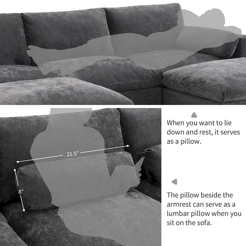 86.5   Chenille Modular Sofa with Storage Pockets, Movable Ottomans