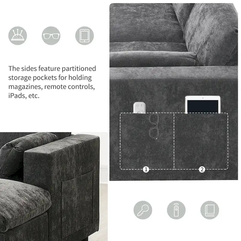 86.5   Chenille Modular Sofa with Storage Pockets, Movable Ottomans