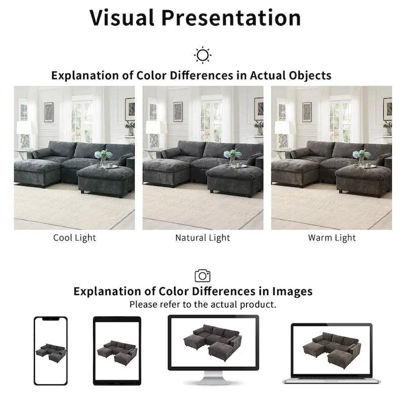 86.5   Chenille Modular Sofa with Storage Pockets, Movable Ottomans