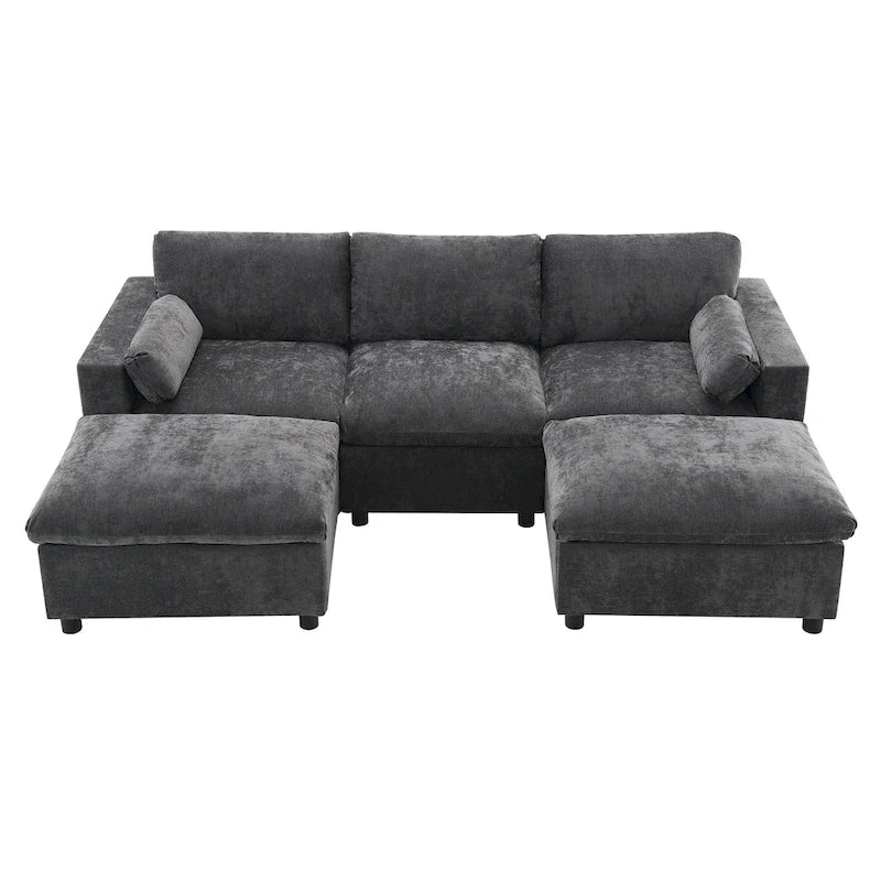86.5   Chenille Modular Sofa with Storage Pockets, Movable Ottomans