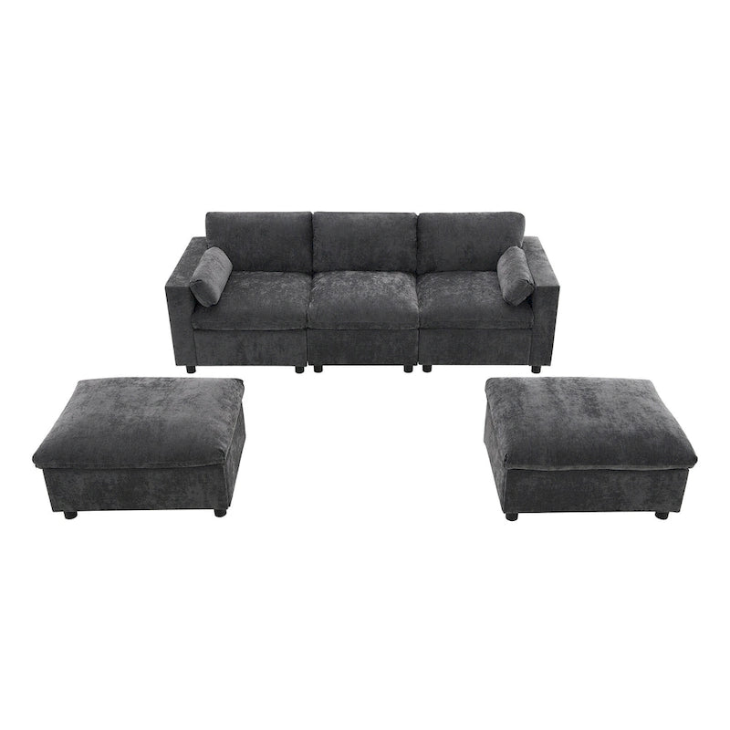 86.5   Chenille Modular Sofa with Storage Pockets, Movable Ottomans