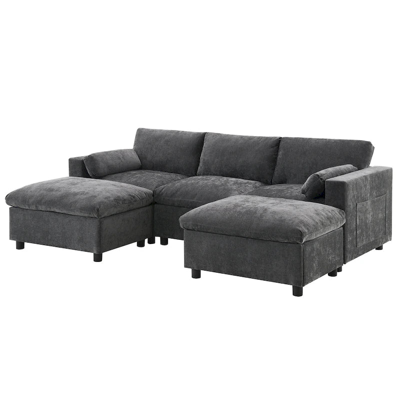 86.5   Chenille Modular Sofa with Storage Pockets, Movable Ottomans
