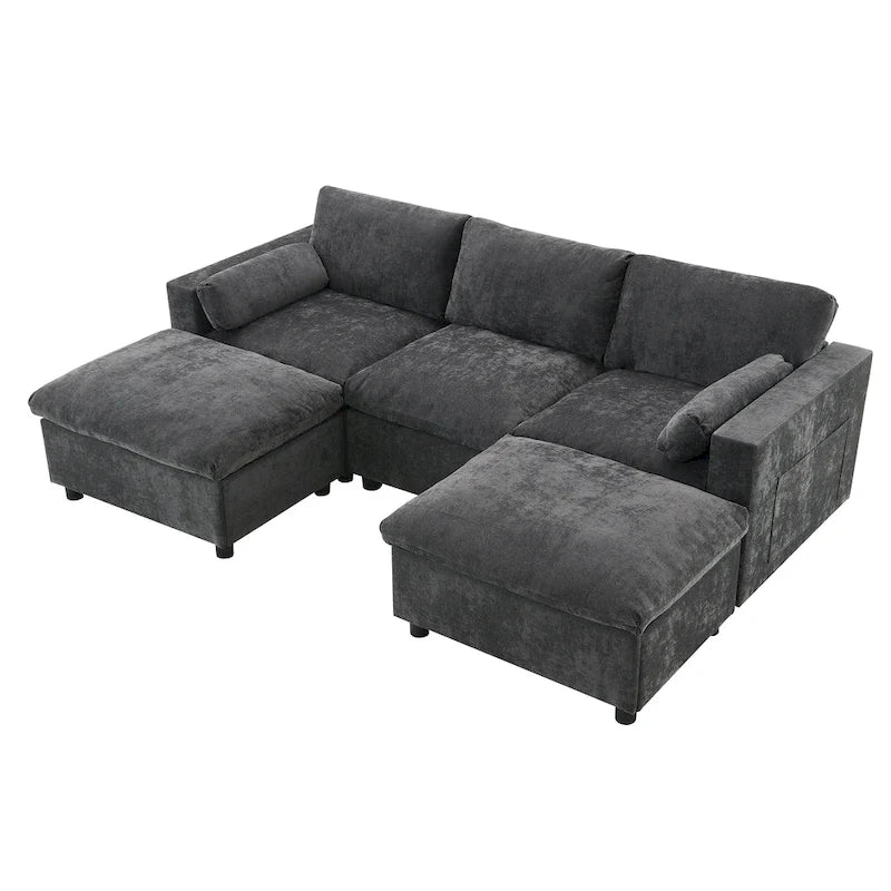 86.5   Chenille Modular Sofa with Storage Pockets, Movable Ottomans