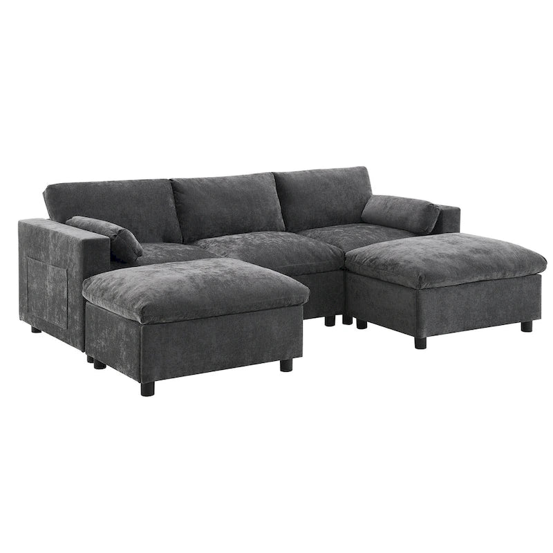 86.5   Chenille Modular Sofa with Storage Pockets, Movable Ottomans