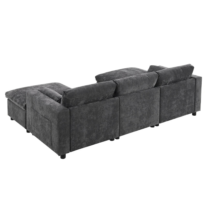 86.5   Chenille Modular Sofa with Storage Pockets, Movable Ottomans