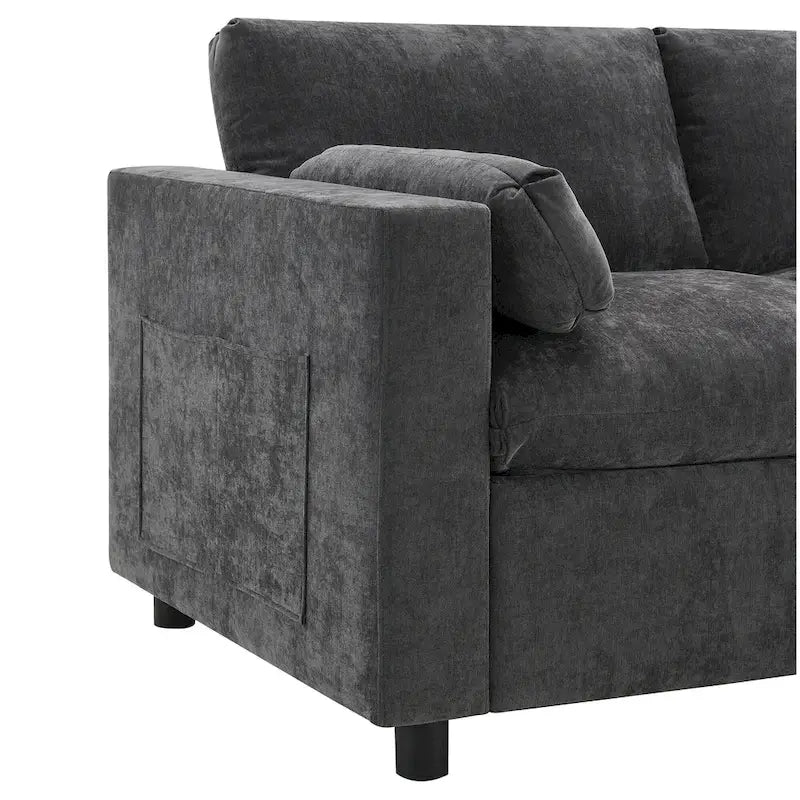 86.5   Chenille Modular Sofa with Storage Pockets, Movable Ottomans