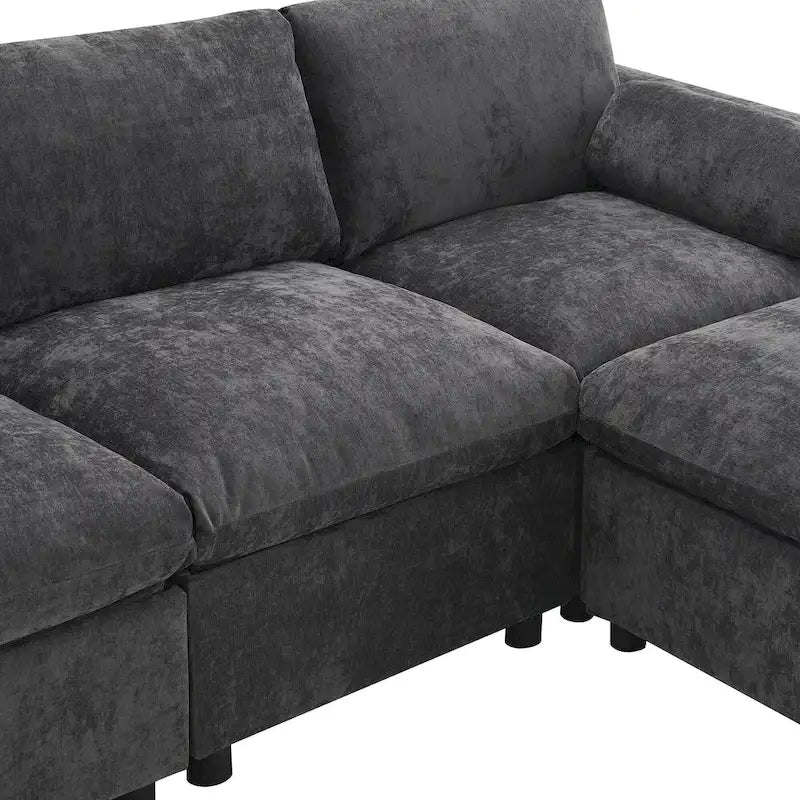 86.5   Chenille Modular Sofa with Storage Pockets, Movable Ottomans