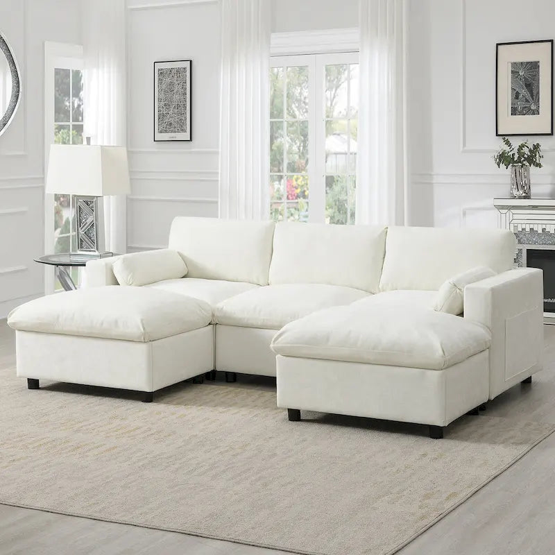 86.5   Chenille Modular Sofa with Storage Pockets, Movable Ottomans