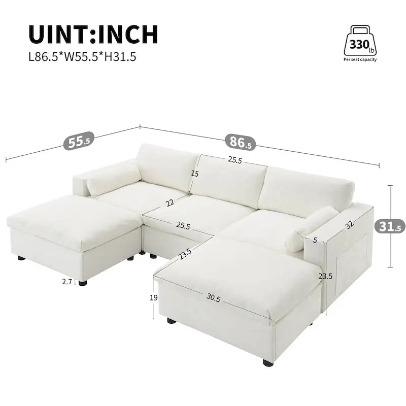 86.5   Chenille Modular Sofa with Storage Pockets, Movable Ottomans