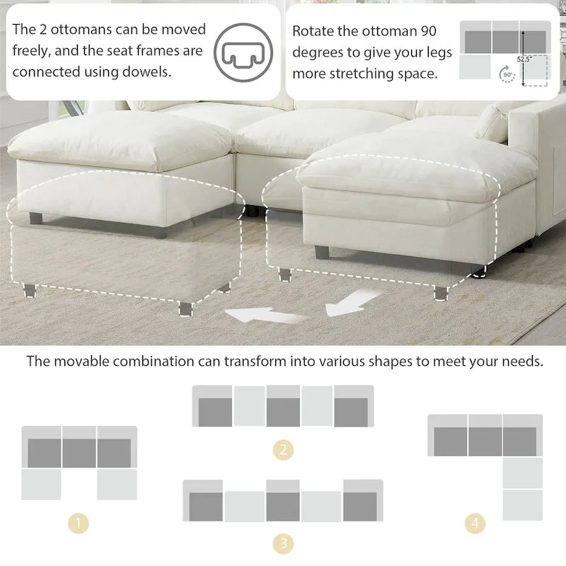 86.5   Chenille Modular Sofa with Storage Pockets, Movable Ottomans