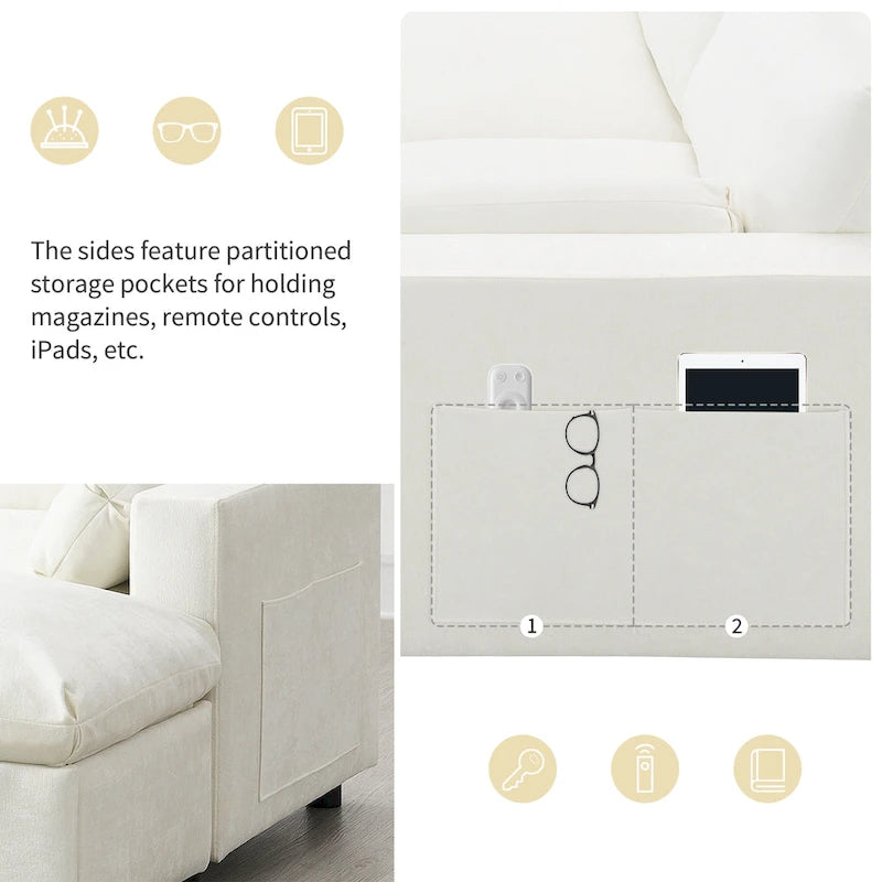 86.5   Chenille Modular Sofa with Storage Pockets, Movable Ottomans