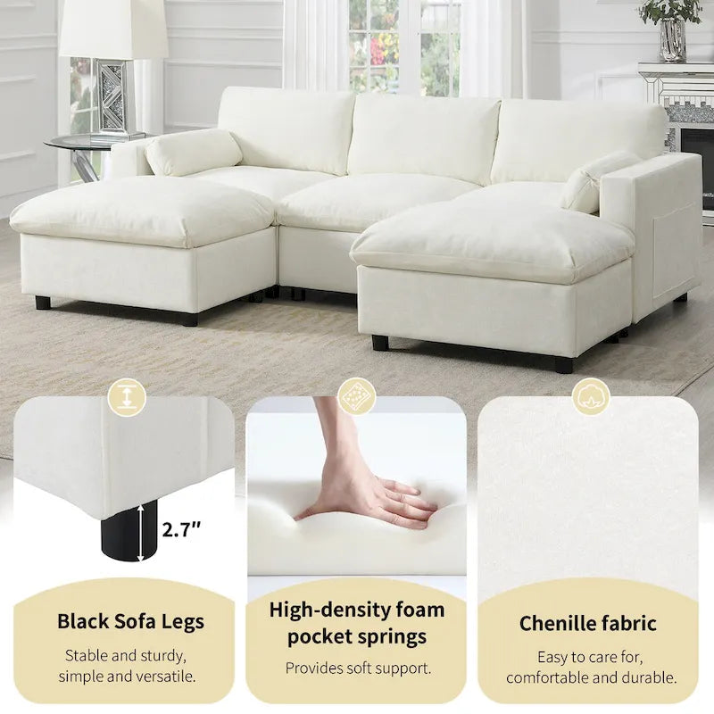 86.5   Chenille Modular Sofa with Storage Pockets, Movable Ottomans