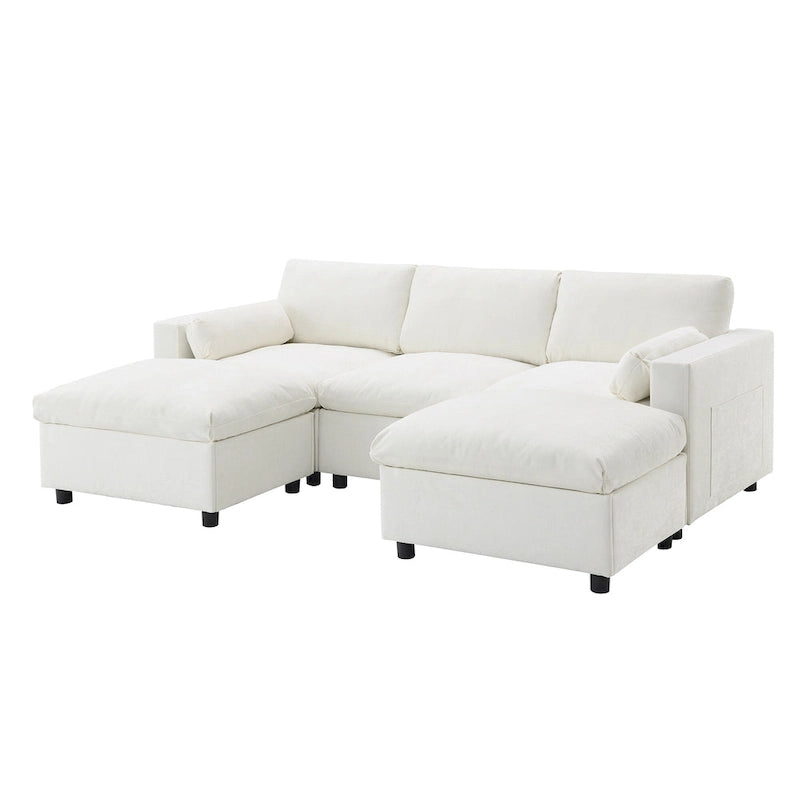 86.5   Chenille Modular Sofa with Storage Pockets, Movable Ottomans