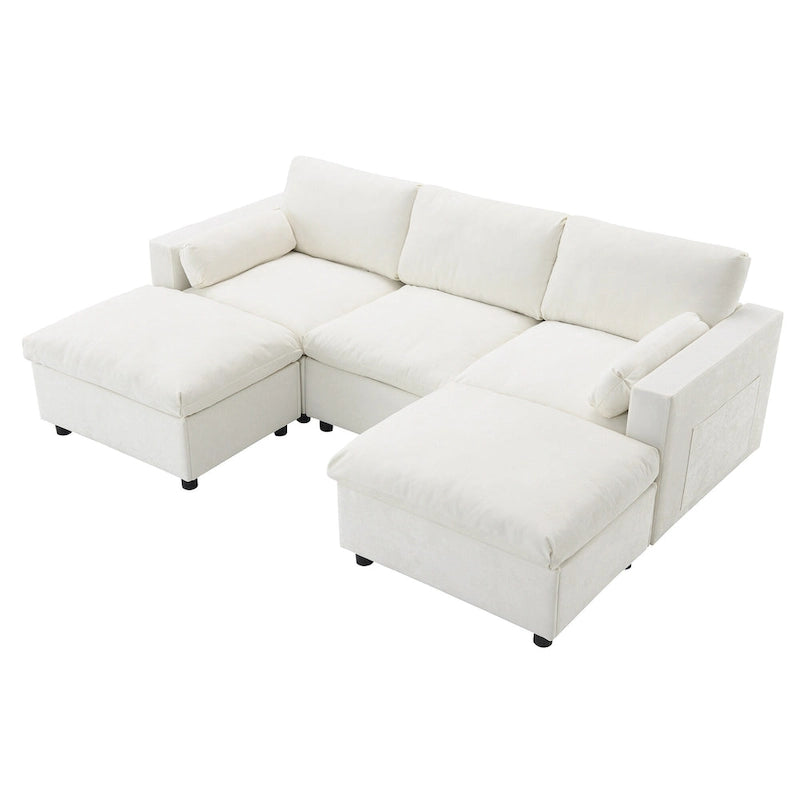 86.5   Chenille Modular Sofa with Storage Pockets, Movable Ottomans