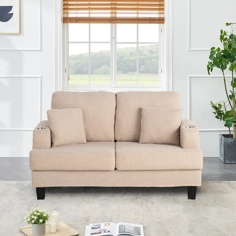 61   Small Beige Loveseat Sofa with 2 Pillows and Cup Holder