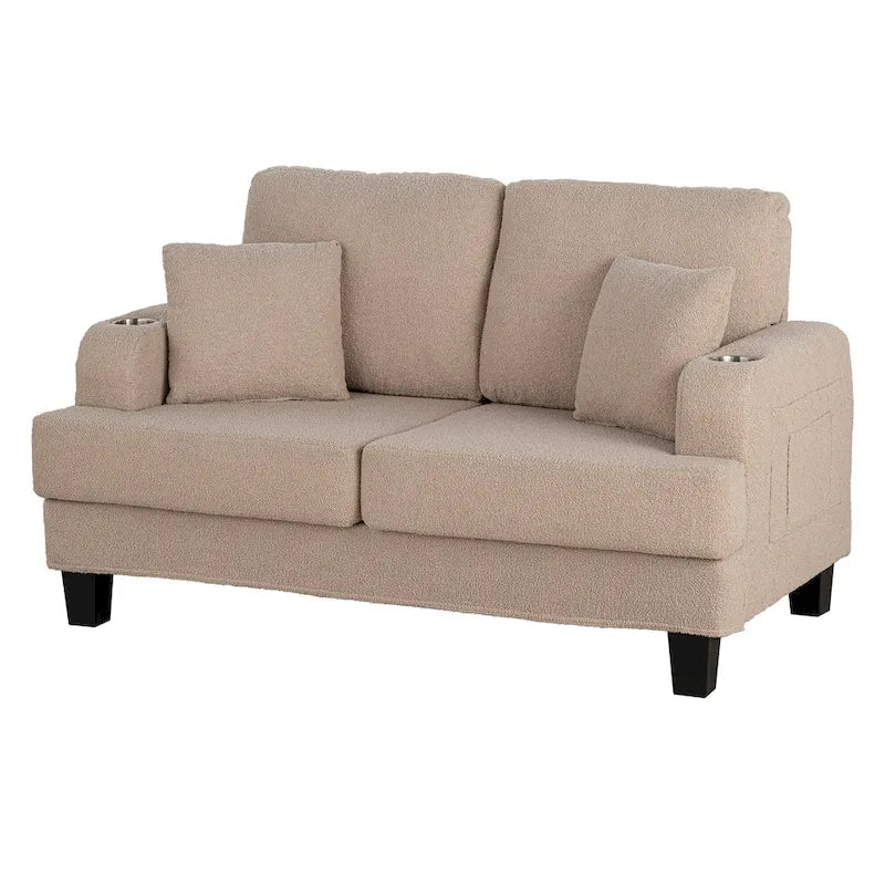 61   Small Beige Loveseat Sofa with 2 Pillows and Cup Holder