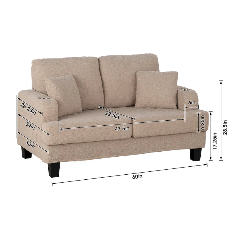 61   Small Beige Loveseat Sofa with 2 Pillows and Cup Holder