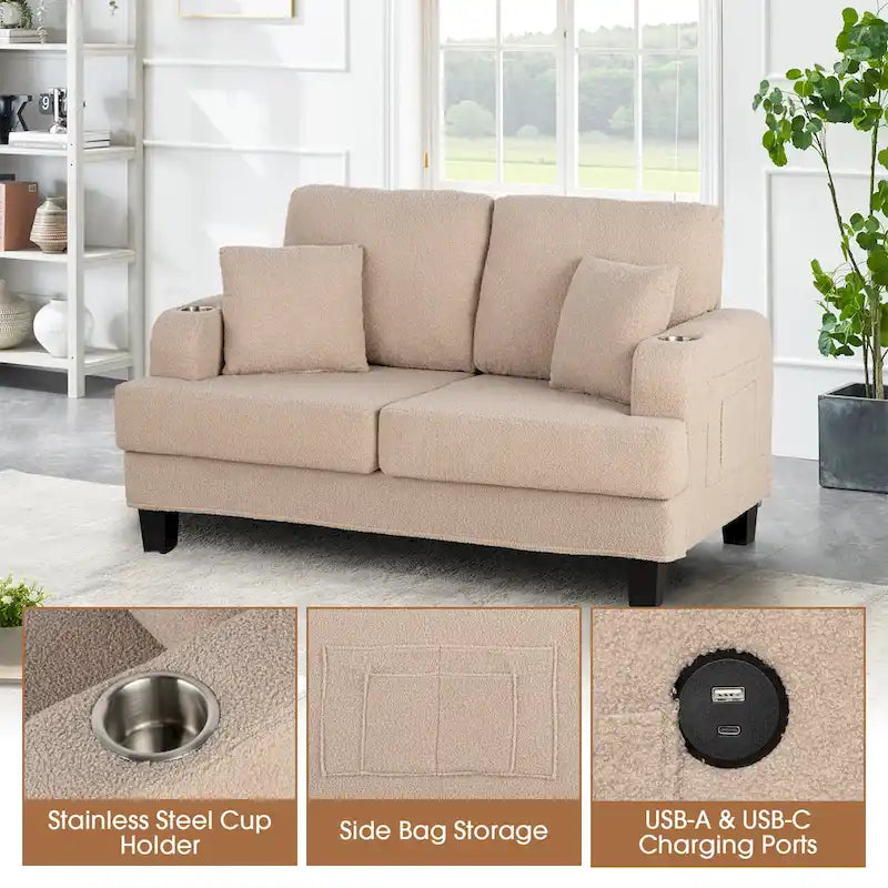 61   Small Beige Loveseat Sofa with 2 Pillows and Cup Holder