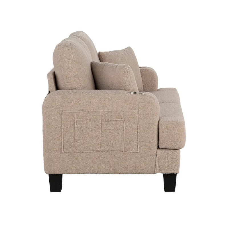 61   Small Beige Loveseat Sofa with 2 Pillows and Cup Holder