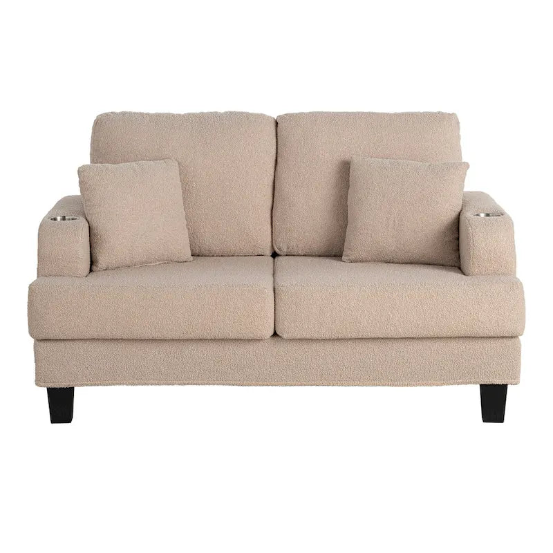 61   Small Beige Loveseat Sofa with 2 Pillows and Cup Holder