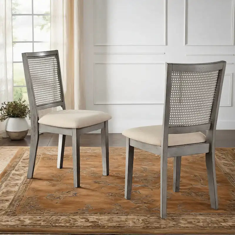 Ronda Beige Linen Rattan Back Dining Chairs (Set of 2)